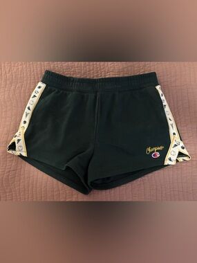 Champion Women's Dark Green Athletic Shorts with Gold Logo